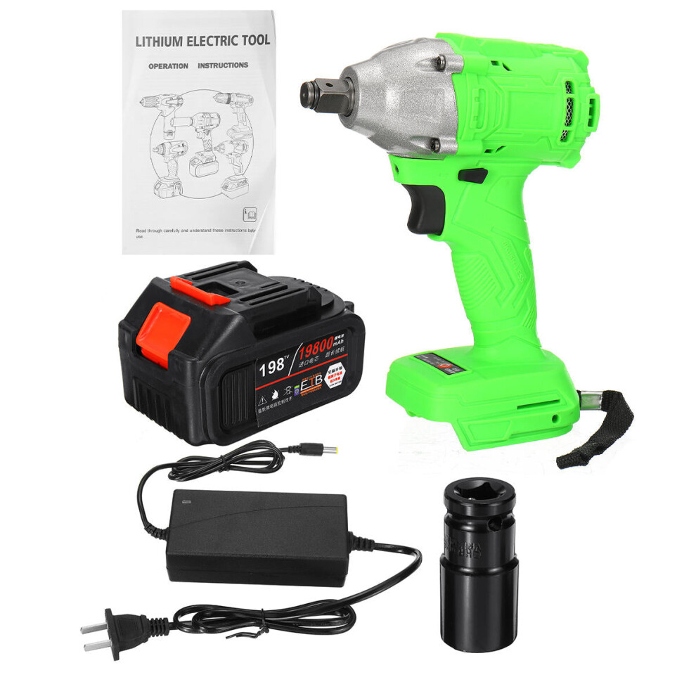 (US Plug) 520Nm 198TV 19800mAh Electric Cordless Impact Wrench Driver Tool 1/2" Ratchet Drive Sockets