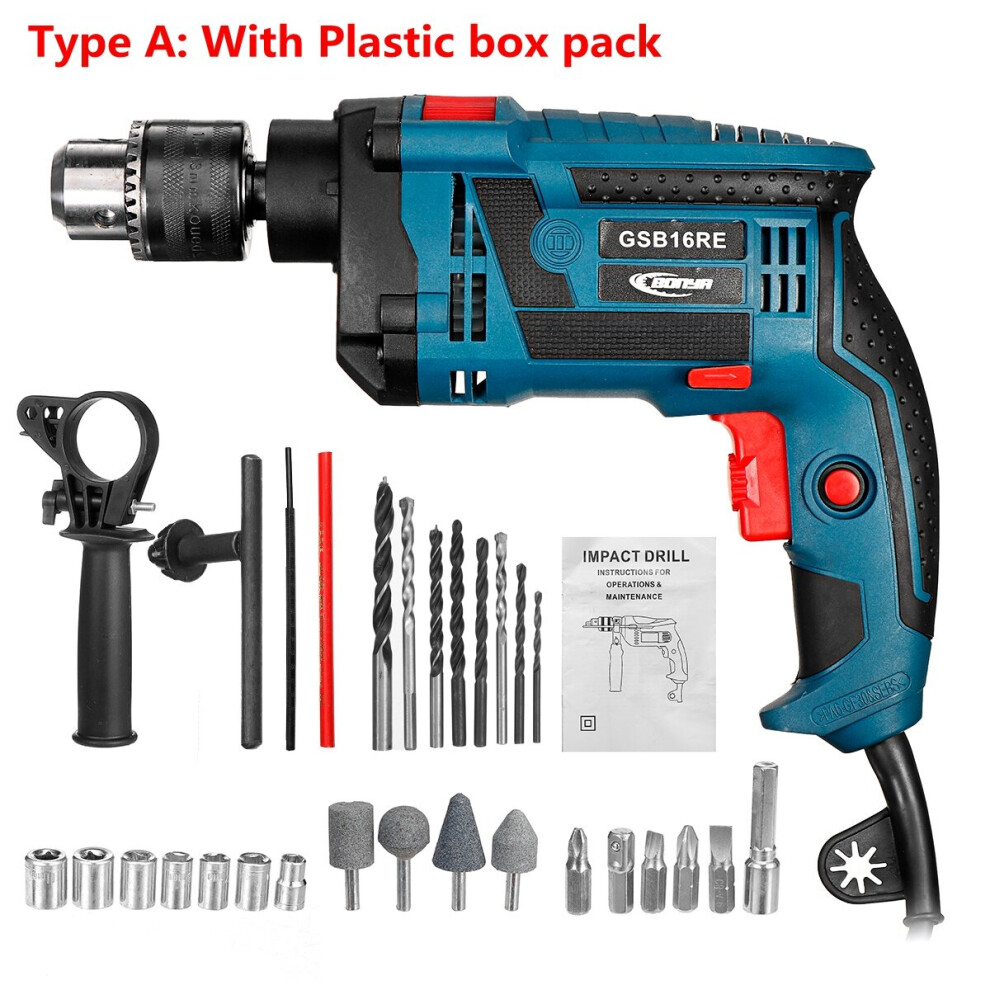 (Plastic Box Packaging) 220V 1200W Electric Impact Hand Drill Bit Set Variable Speed Adjustable Woodworking Drill Power Tool