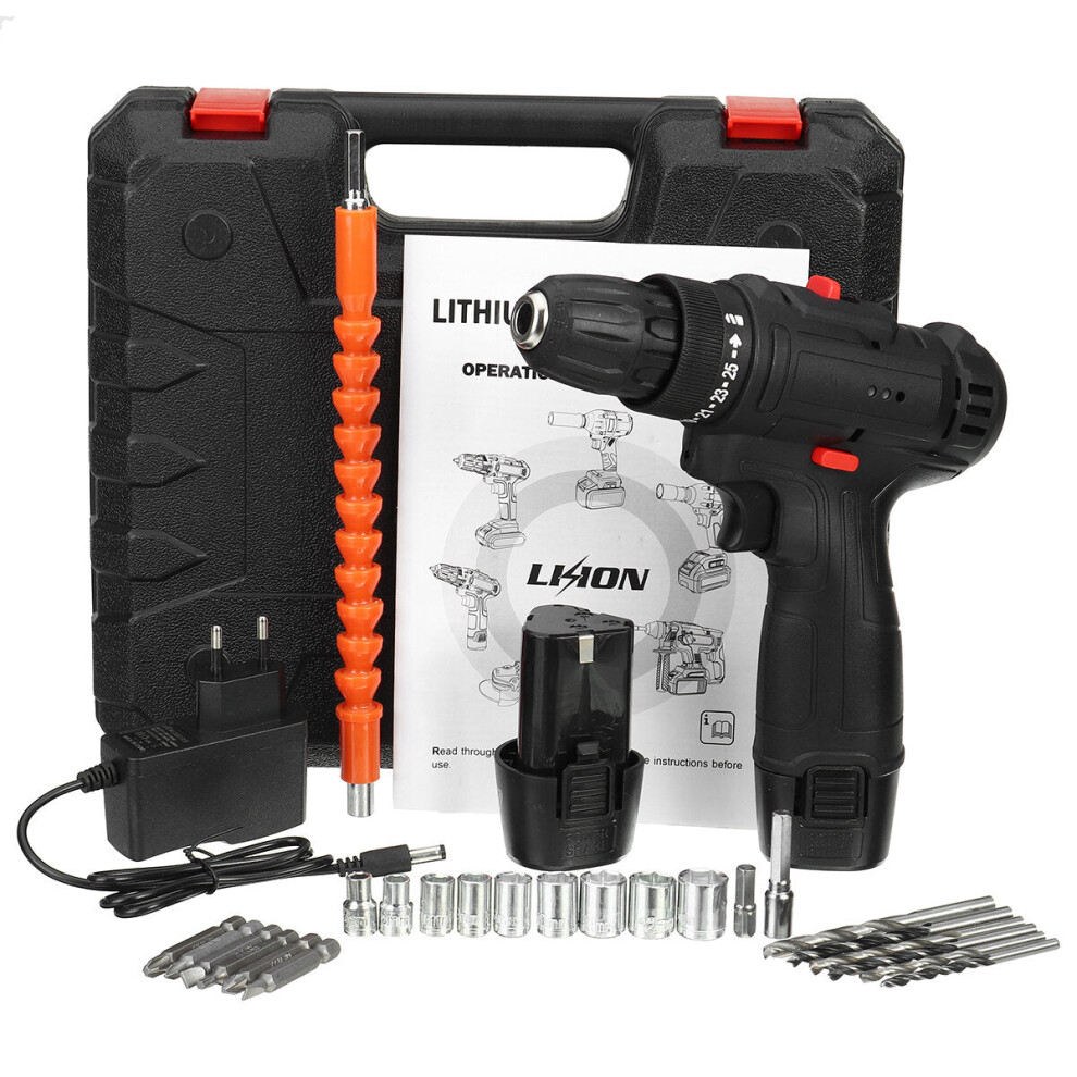(Uk Plug) 12V Led Cordless Electric Impact Hammer Drill Rechargeable Screwdriver W/ 2Pcs Battery 1138392118382