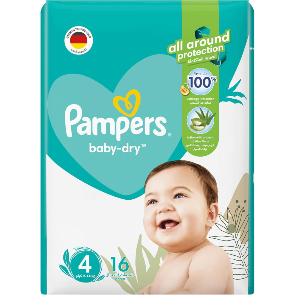 Pampers Baby-Dry Taped Diapers with Aloe Vera Lotion Size 4, 9-14kg, 16 Nappies |100% Leakage Protection |NO RASH