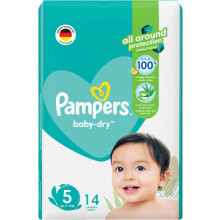 Pampers Baby-Dry Taped Diapers with Aloe Vera Lotion Size 5, 11-16kg, 14 Nappies |Up To 100% Leakage Protection|Baby Disposable Nappies|Infant Diaper