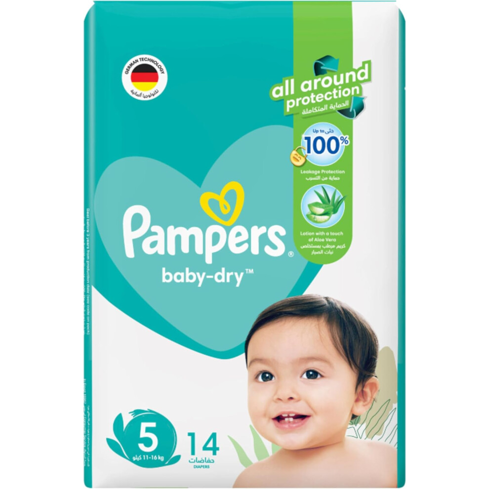 Pampers Baby-Dry Taped Diapers with Aloe Vera Lotion Size 5, 11-16kg, 14 Nappies |Up To 100% Leakage Protection|Baby Disposable Nappies|Infant Diaper-image-OPC-PFKBGHH-NEW