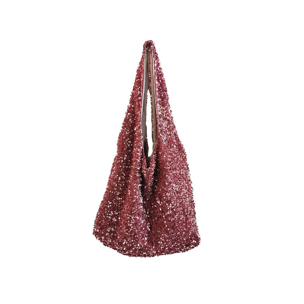 (Pink) Women Fashion Sequins Shoulder Bag Large Capacity Female Glitter Beaded Tote Handbag Mermaid Sequins