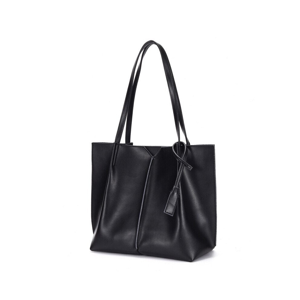 (Black) Large capacity Tote Bag female simple soft leather commuting bag College Students Leisure Fashion