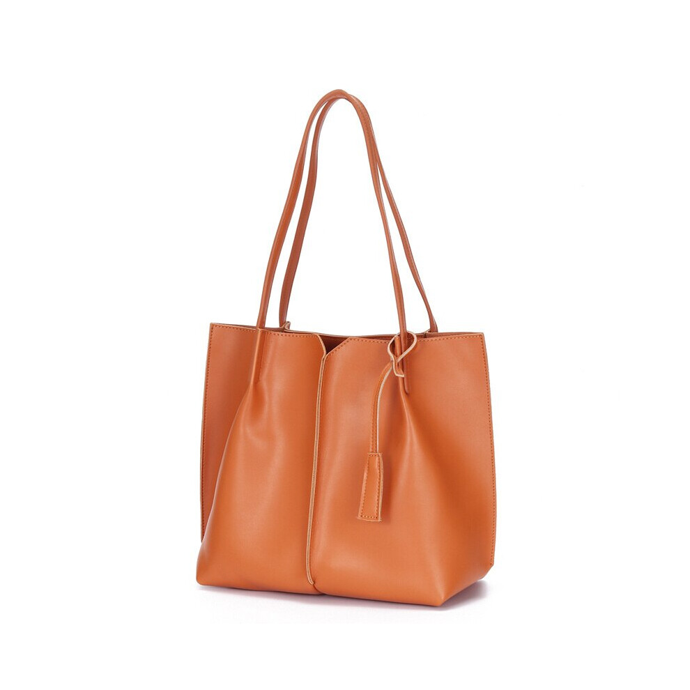 (Brown) Large capacity Tote Bag female simple soft leather commuting bag College Students Leisure Fashion