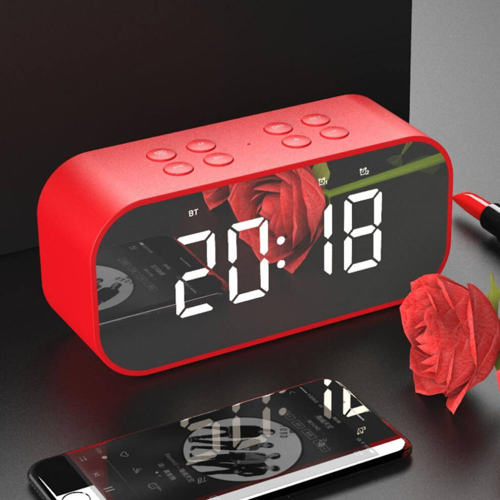 (Red) Wireless Bluetooth 5.0 Speaker Double Alarm Clock FM Radio Hi-Fi Music Column Subwoofer Hands-free Call Mirror Screen Display