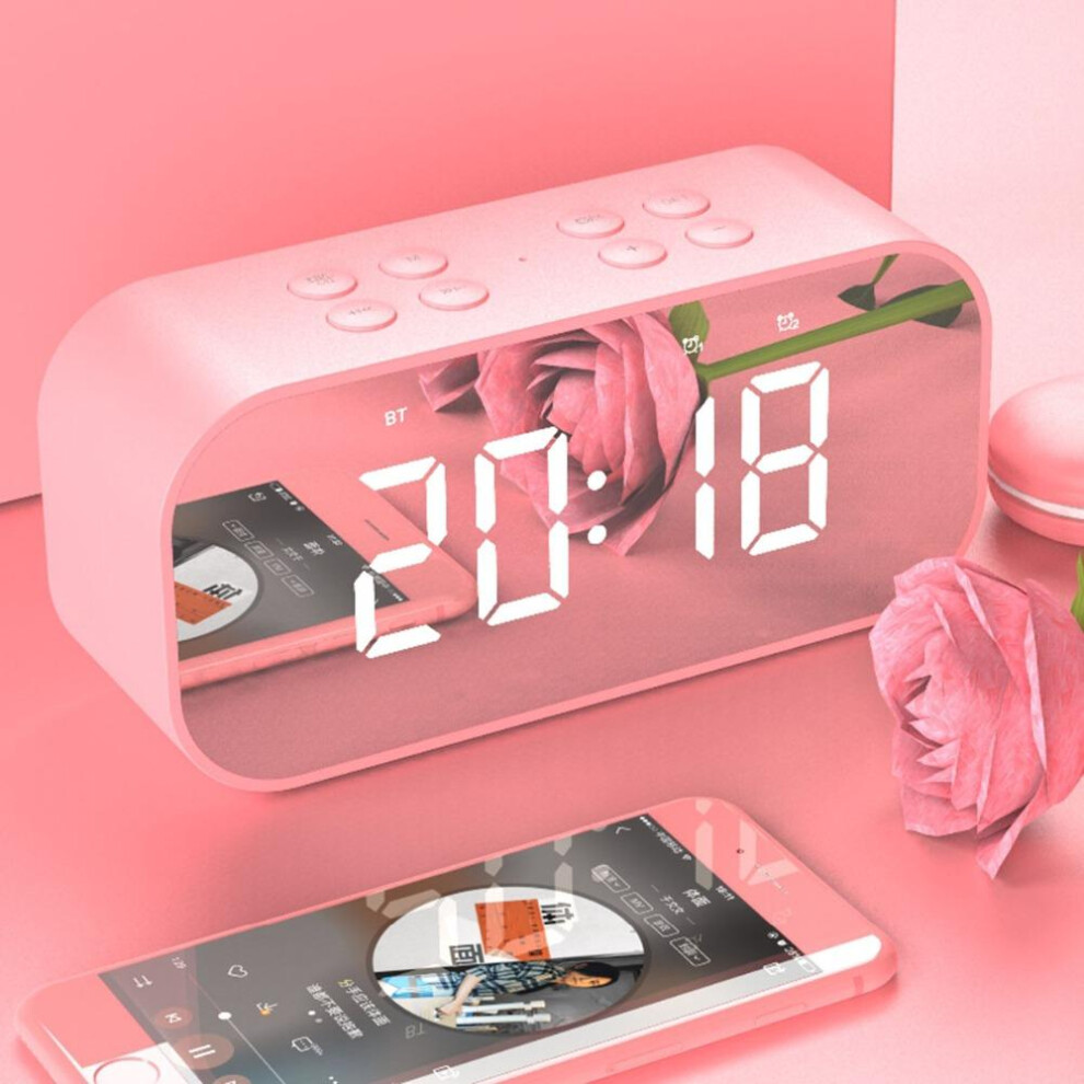 (Pink) Wireless Bluetooth 5.0 Speaker Double Alarm Clock FM Radio Hi-Fi Music Column Subwoofer Hands-free Call Mirror Screen Display