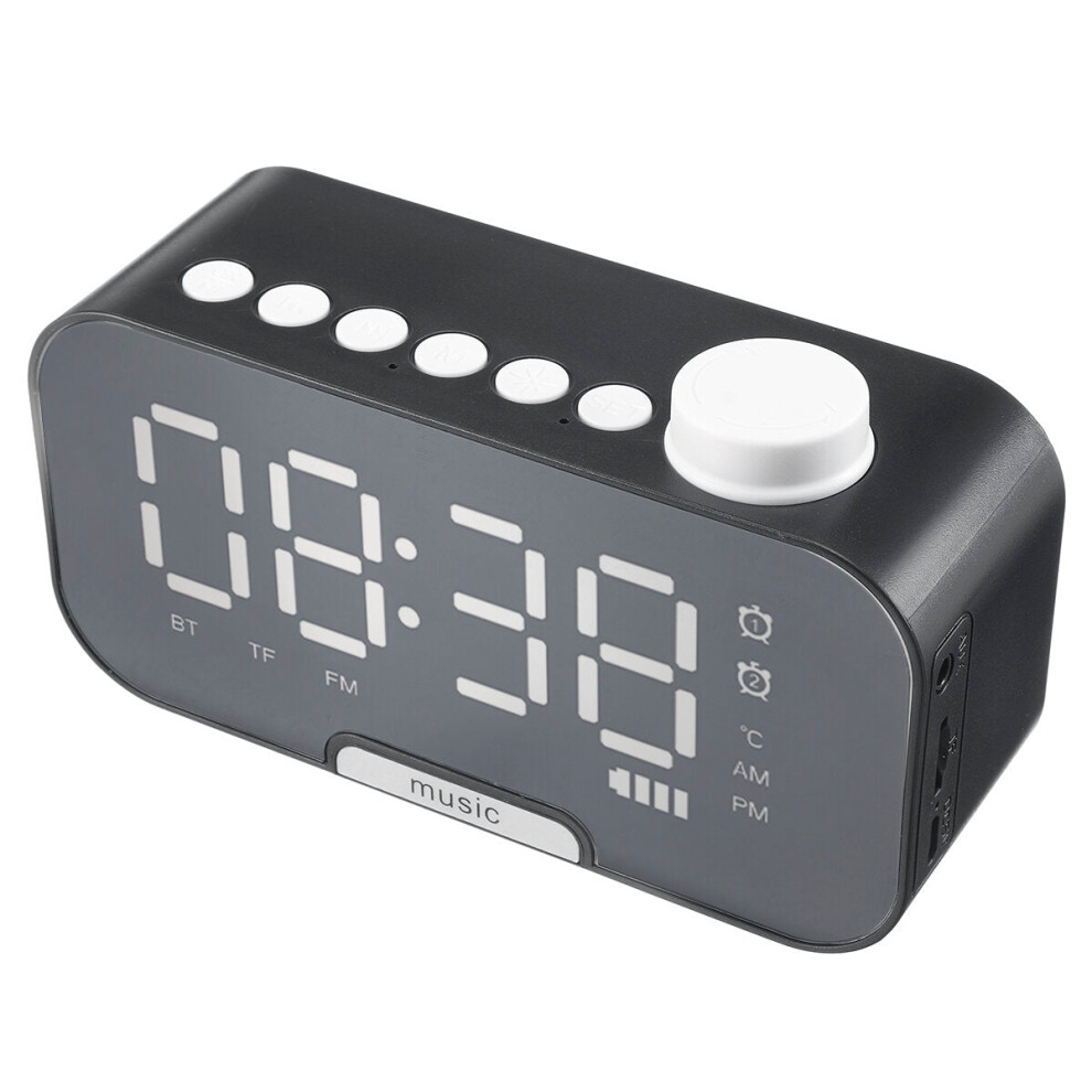 (Black) Wireless Bluetooth Speaker Portable Mini Mirror Alarm Clock Support TF Card FM Radio with Mic