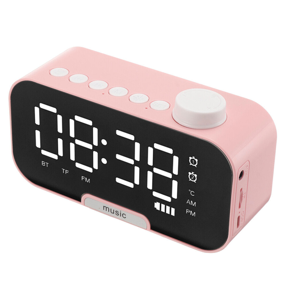 (Pink) Wireless Bluetooth Speaker Portable Mini Mirror Alarm Clock Support TF Card FM Radio with Mic