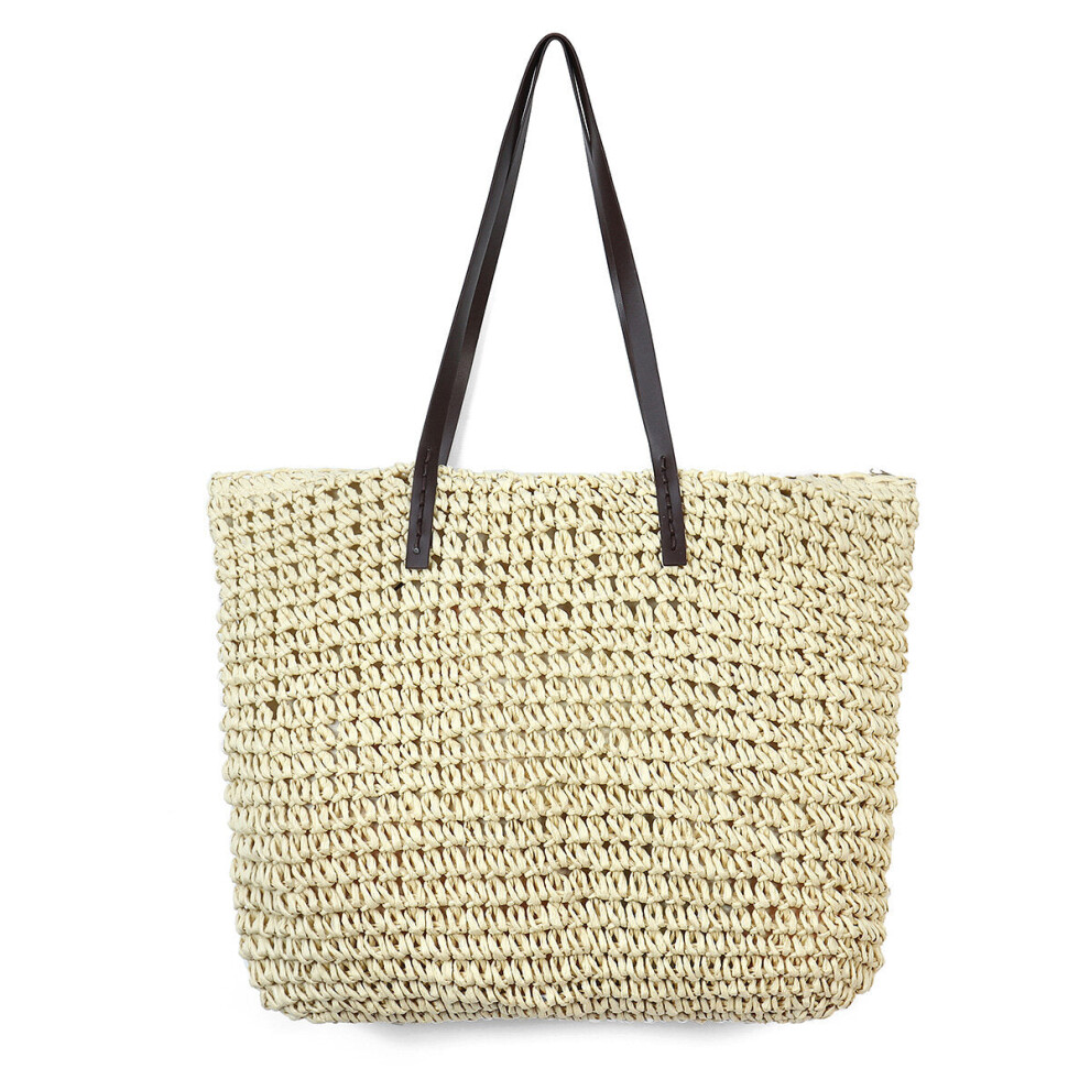 (Beige) Outdoor Portable Straw Weave Handbag Tote Beach Bag Pack Pouch Shoulder Bag