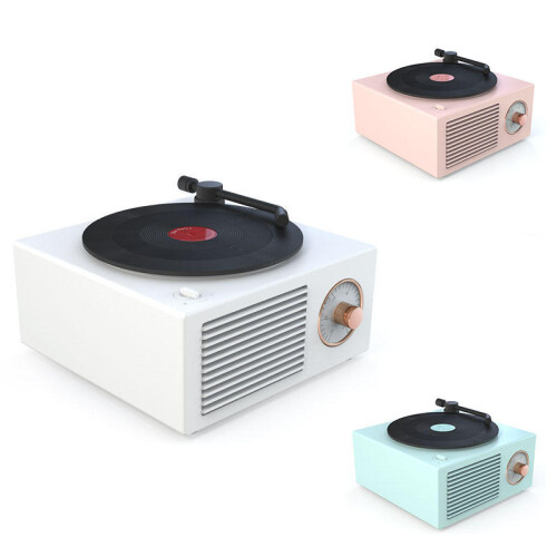 (White) Retro Turntable Wireless Mini Bluetooth 5.0 Speaker Portable Subwoofer, 8 Hours Working Time 1