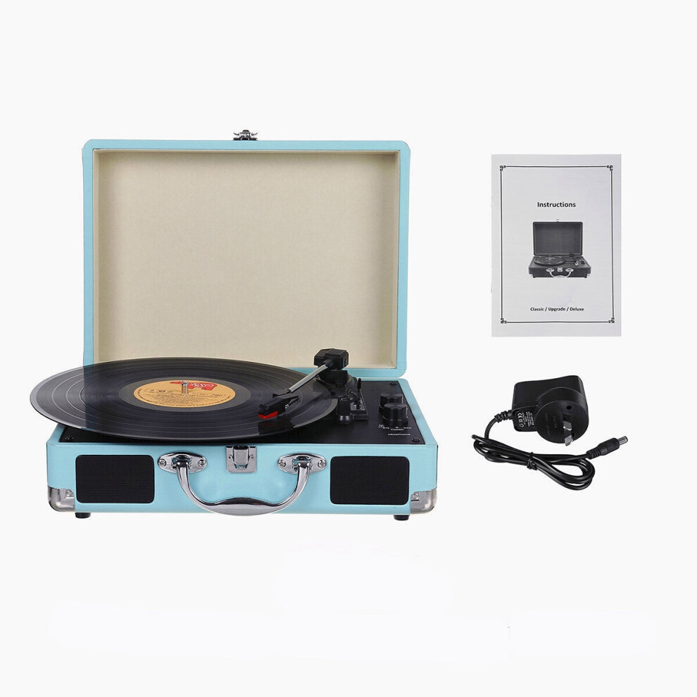 (Blue) Vinyl Turntable Record Player LP Disc 33/45/78 RPM Bluetooth Portable Leather Gramophone Phonograph Speaker 3.5mm Antique Retro