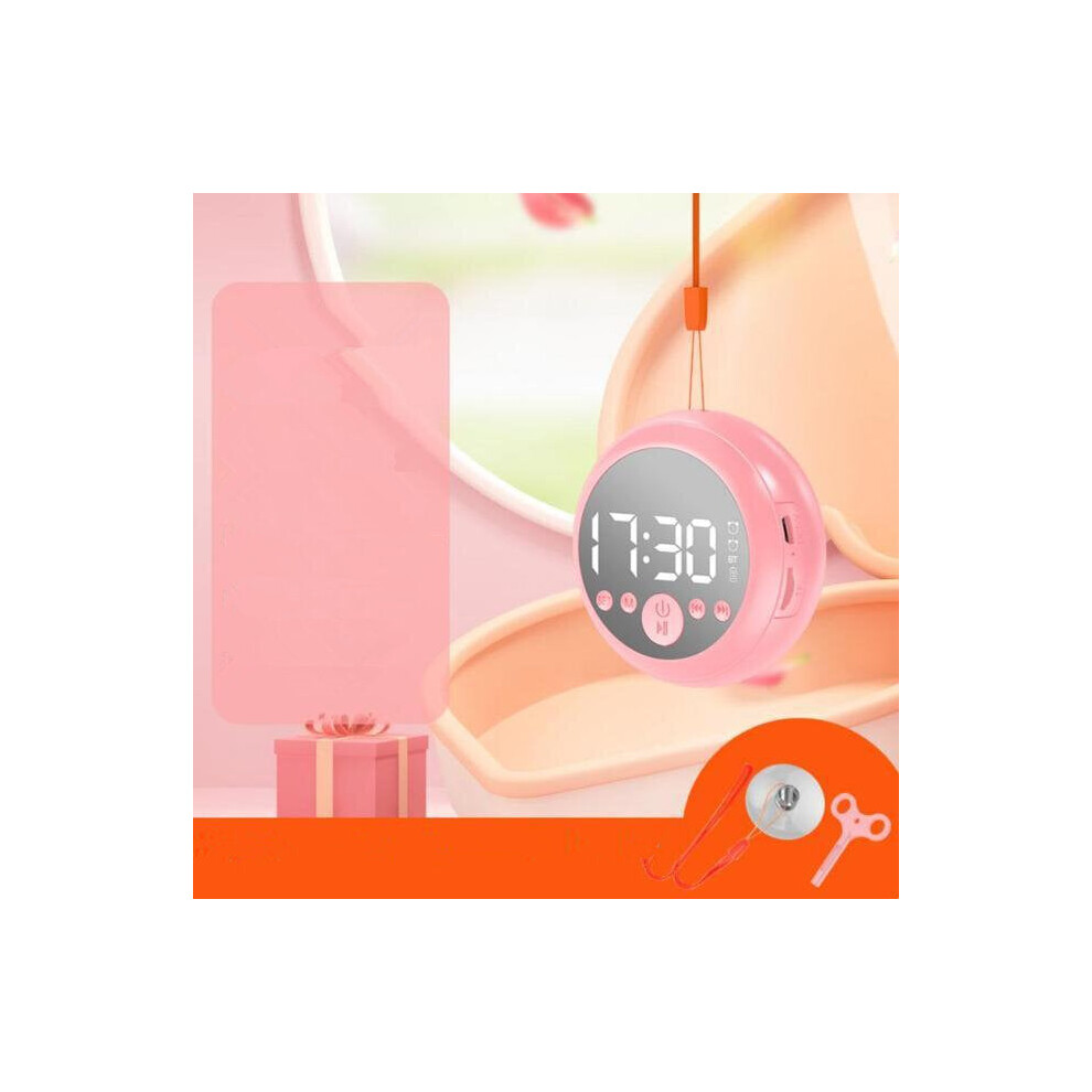 (Pink) Bluetooth 5.0 Speaker Mirror Dual Alarm Clock Hi-Fi Stereo Mini Round Shape Subwoofer Support FM Radio TF Card