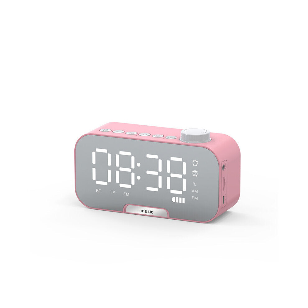 (Pink) Alarm Clock Wireless Bluetooth Speaker Portable Mini Mirror Alarm Clock Hi-Fi Support TF Card