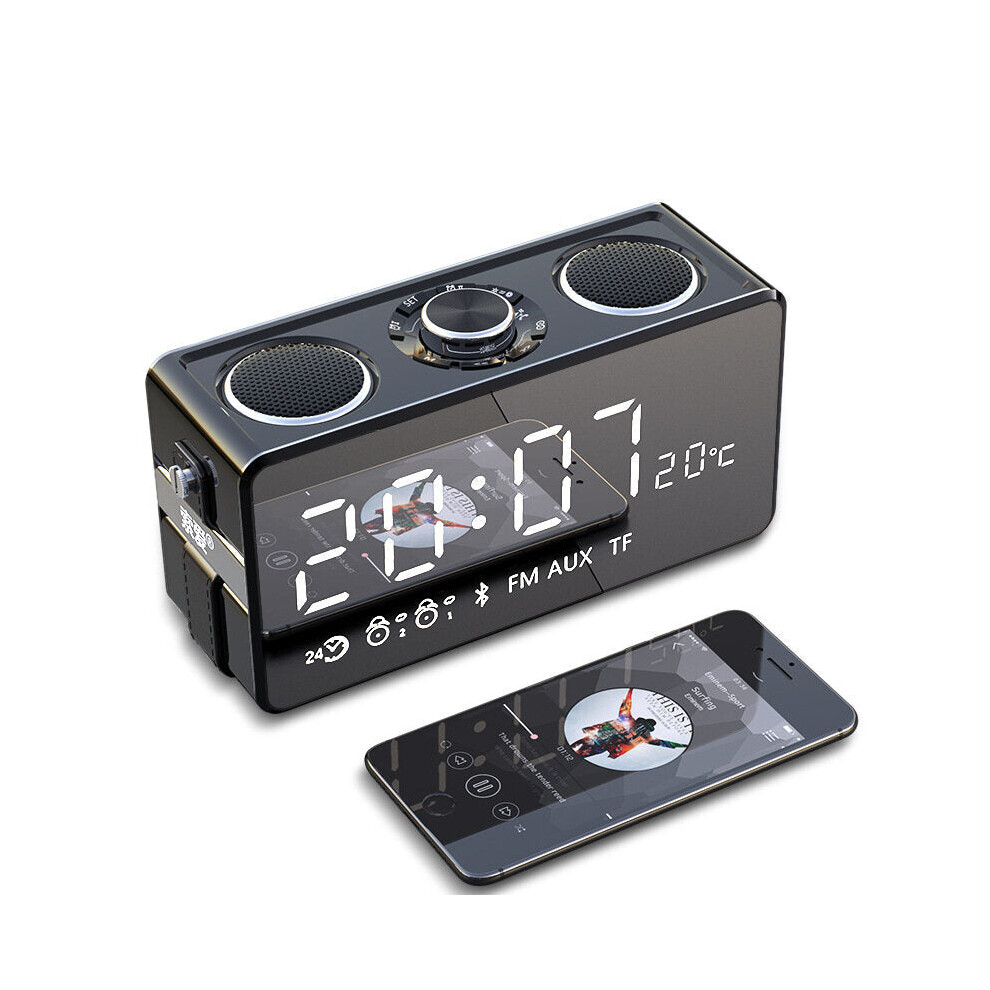 (Black) Wireless Bluetooth Speakers Mirror LED Clock FM Radio TF Card Music Stereo Bass Outdoor Portable Speaker