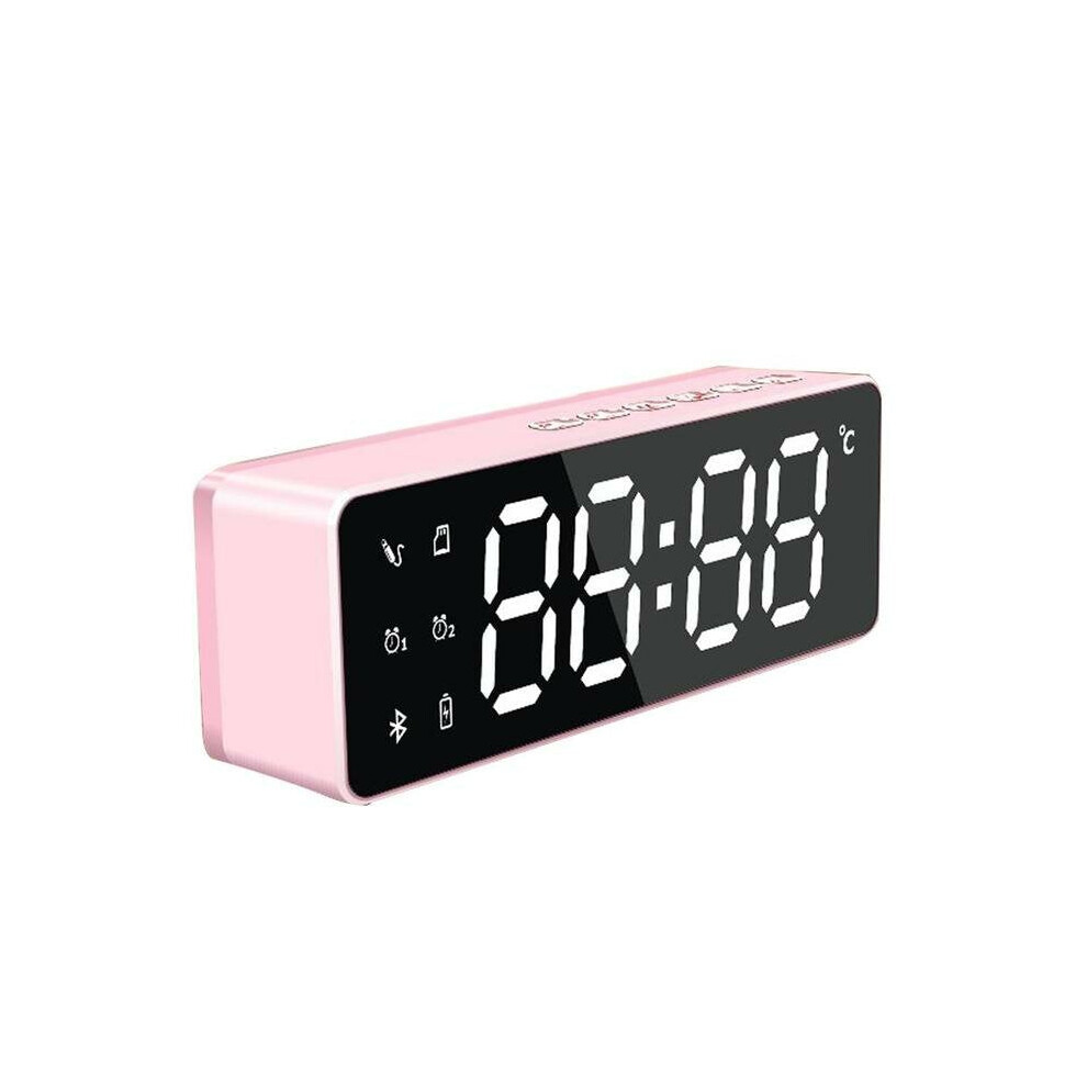 (Pink) Wireless Bluetooth Speaker Bass Subwoofer FM Radio TF Card Dual Alarm Clock 10W LED Mirror Soundbar with Mic