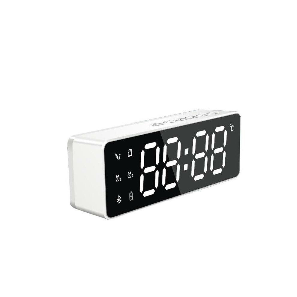 (White) Wireless Bluetooth Speaker Bass Subwoofer FM Radio TF Card Dual Alarm Clock 10W LED Mirror Soundbar with Mic