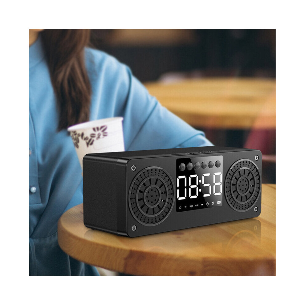 (Black) Bluetooth 5.0 Wooden Speaker Alarm Clock Support TF Card/USB/AUX/ FM Radio