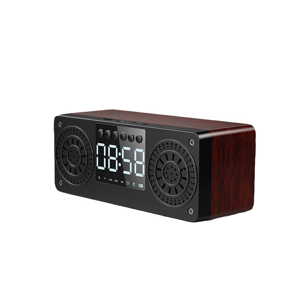 (Red wood) Bluetooth 5.0 Wooden Speaker Alarm Clock Support TF Card/USB/AUX/ FM Radio