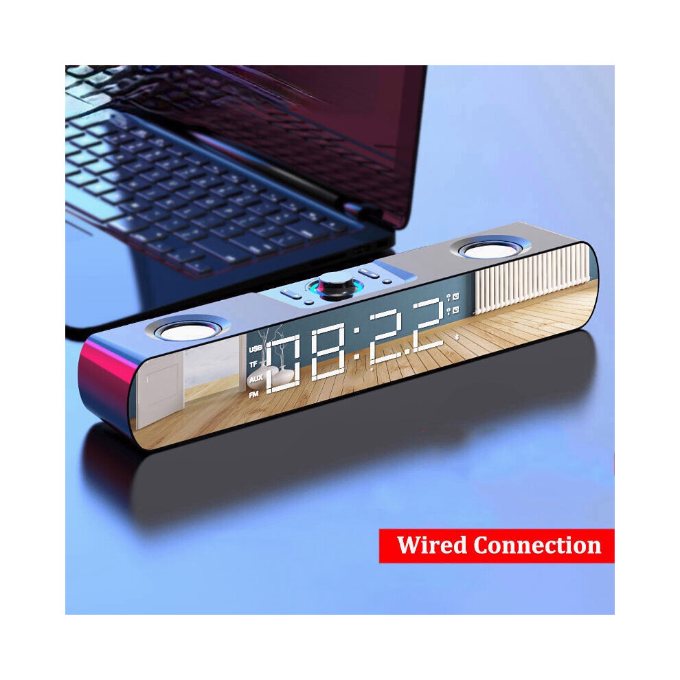 (Standard version white) Bluetooth 5.0 Speaker Stereo Subwoofer Bass Four-Units Noise Reduction FM Radio TF Card AUX-In Alarm Clock 1500mAh LED Mirror Display Soundbar