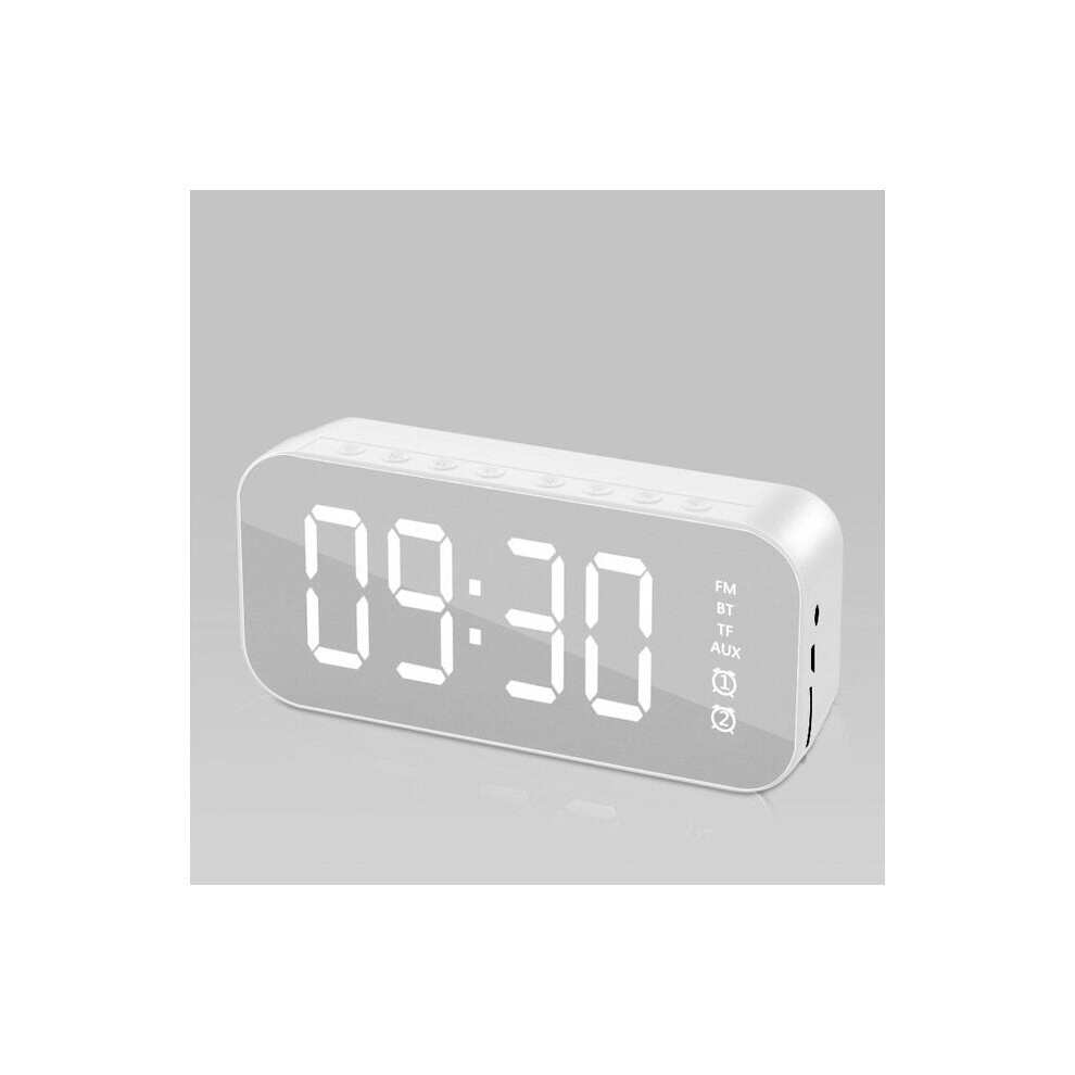 (White) Wireless Bluetooth Speaker Mirror Hi-Fi Subwoofer Digital Alarm Clock with FM Function AUX Output