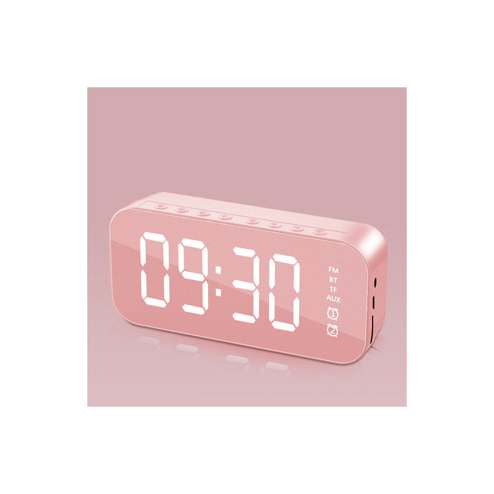 (Pink) Wireless Bluetooth Speaker Mirror Hi-Fi Subwoofer Digital Alarm Clock with FM Function AUX Output