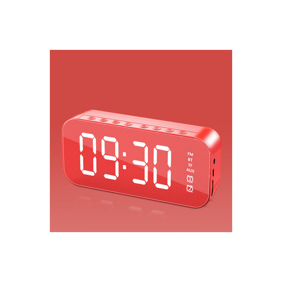 (Red) Wireless Bluetooth Speaker Mirror Hi-Fi Subwoofer Digital Alarm Clock with FM Function AUX Output