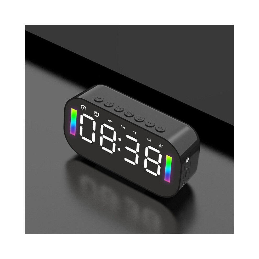 (Black) Wireless Bluetooth Speaker Mini LED Alarm Clock FM Radio TF Card AUX Soundbar Subwoofer with Phone Hoder