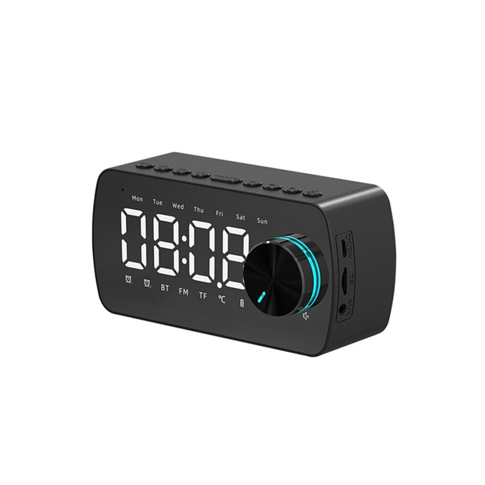 (Black) Wireless Bluetooth Speaker Double Alarm Clock FM Radio Mirror LED Display Hi-Fi Music Column Subwoofer Hands-free Call Speaker