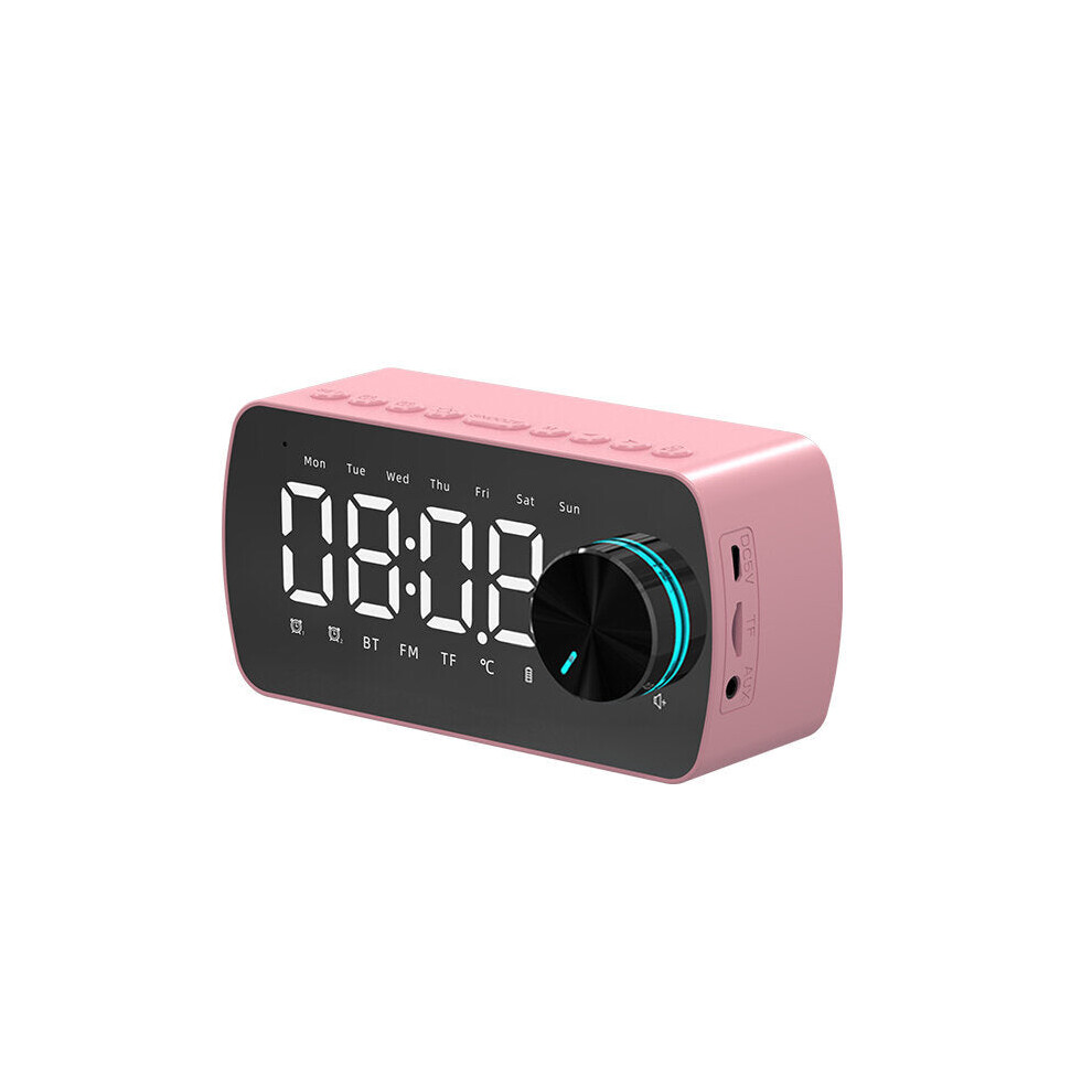 (Pink) Wireless Bluetooth Speaker Double Alarm Clock FM Radio Mirror LED Display Hi-Fi Music Column Subwoofer Hands-free Call Speaker