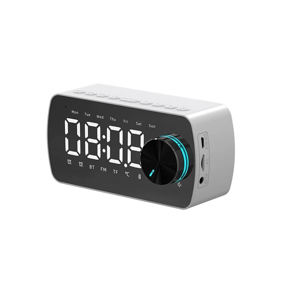 (White) Wireless Bluetooth Speaker Double Alarm Clock FM Radio Mirror LED Display Hi-Fi Music Column Subwoofer Hands-free Call Speaker