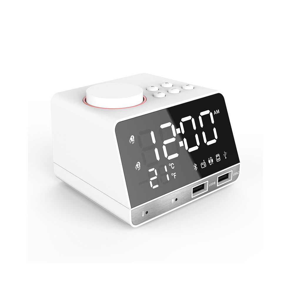 (White, EU Plug) Bluetooth Speaker Alarm Clock USB Charging for Phone Portable FM Radio Subwoofer