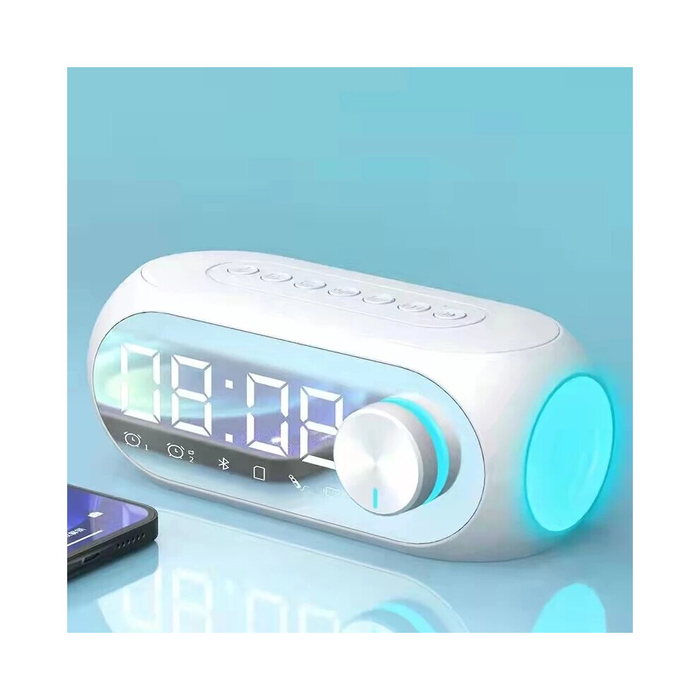 (White) Bluetooth 5.0 Speaker Alarm Clock Mirror Night Light Multiple Play Modes LED Display 360 Surround 3D Stereo Sound 1400mAh Battery Life