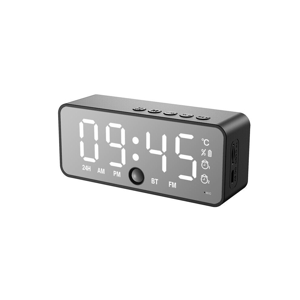 (Black) Mirror Alarm Clock Bluetooth Speaker With FM Radio LED Mirror Snooze Wireless Music Player 2 Alarms Table Clock for Living Room