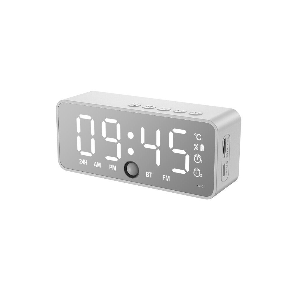 (White) Mirror Alarm Clock Bluetooth Speaker With FM Radio LED Mirror Snooze Wireless Music Player 2 Alarms Table Clock for Living Room