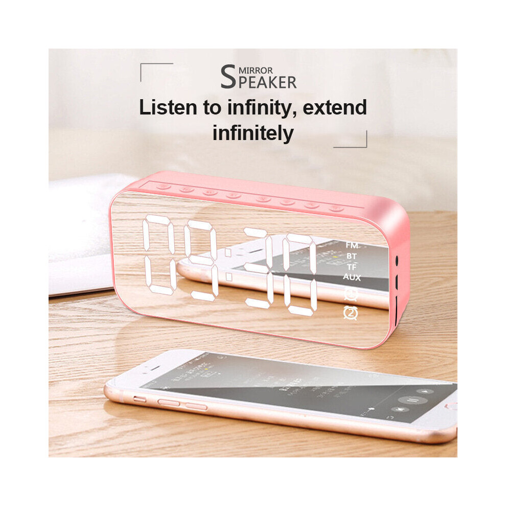 (Pink) Wireless Bluetooth Speaker Mini LED Double Alarm Clock FM Radio TF Card AUX Soundbar Subwoofer with Mic