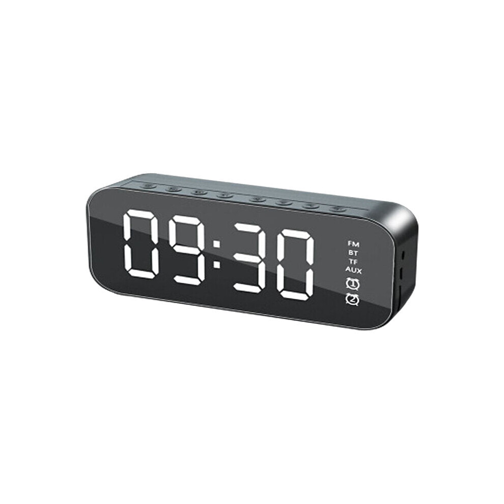 (Black) Wireless Bluetooth Speaker Mini LED Double Alarm Clock FM Radio TF Card AUX Soundbar Subwoofer with Mic