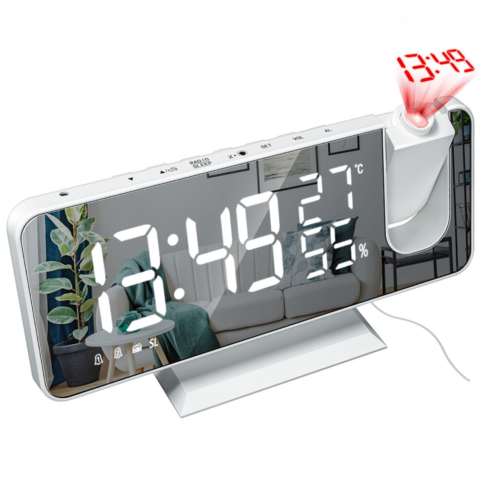 (White+White) LED Digital Alarm Clock FM Radio HD Time Projection Mirror Clocks Snooze Function Temperature Humidity Display Electronic Clock Time Clo