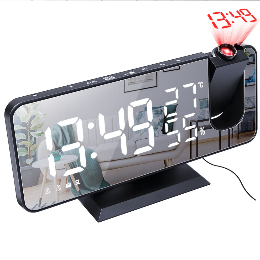 (Black+White) LED Digital Alarm Clock FM Radio HD Time Projection Mirror Clocks Snooze Function Temperature Humidity Display Electronic Clock Time Clo