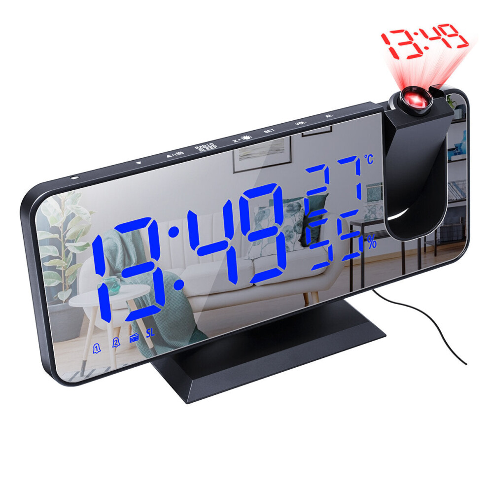 (Black+Blue) LED Digital Alarm Clock FM Radio HD Time Projection Mirror Clocks Snooze Function Temperature Humidity Display Electronic Clock Time Cloc