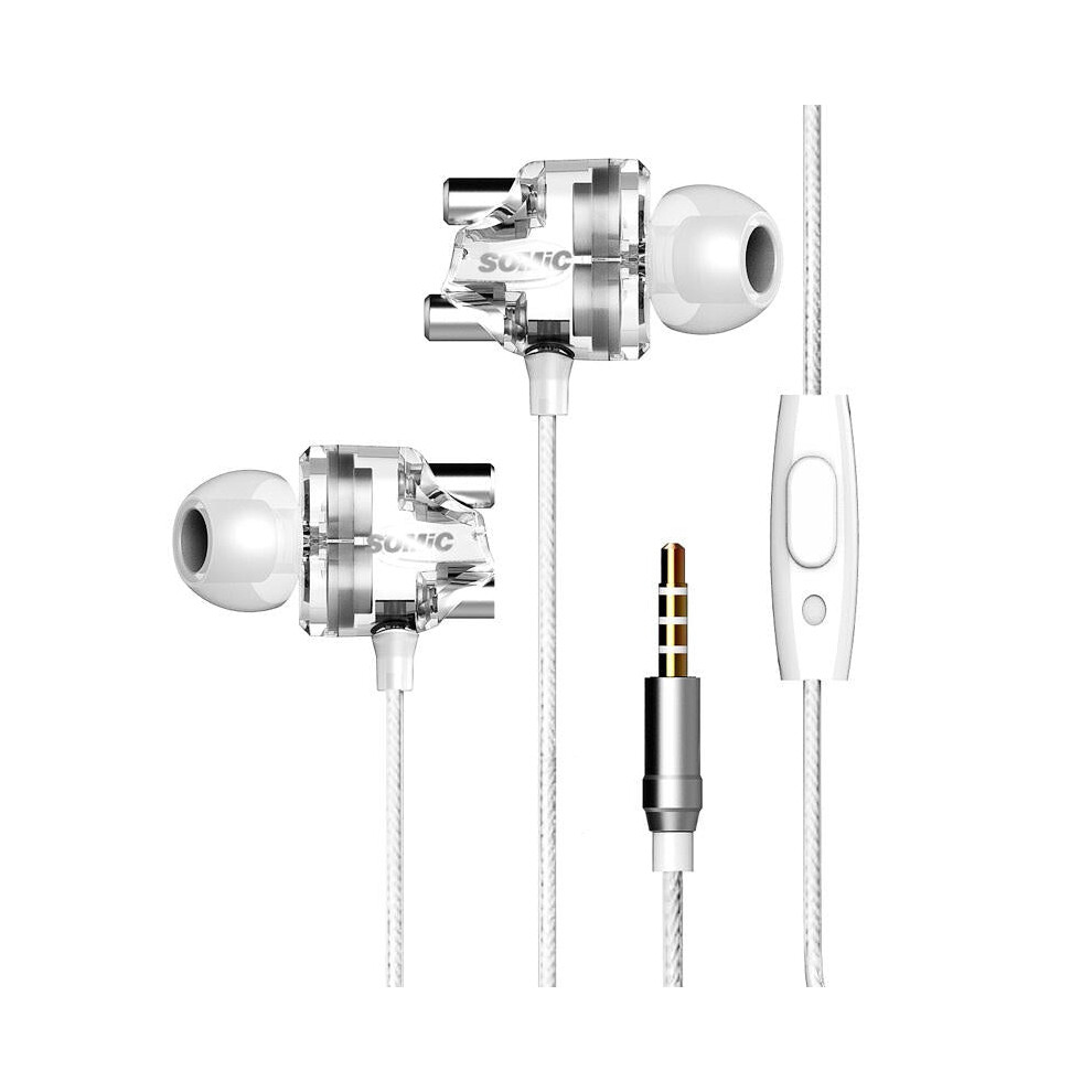 (White) Dual Dynamic Driver Graphene Earphone 3.5mm Wired Control In-ear Heavy Bass Stereo Earbuds Headphone with Mic