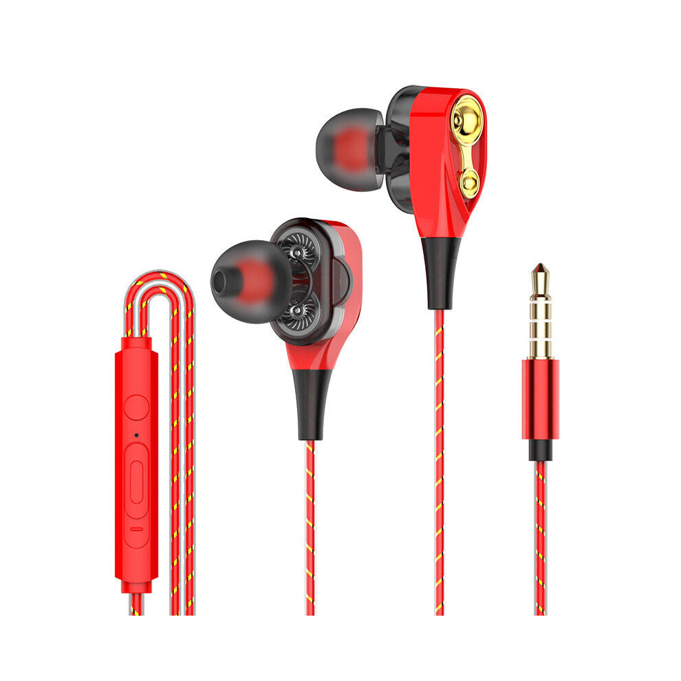 (Red) Dual Dynamic Driver Stereo Wired Earphone In-ear Headset Bass Gaming Earbuds for iPhone huawei