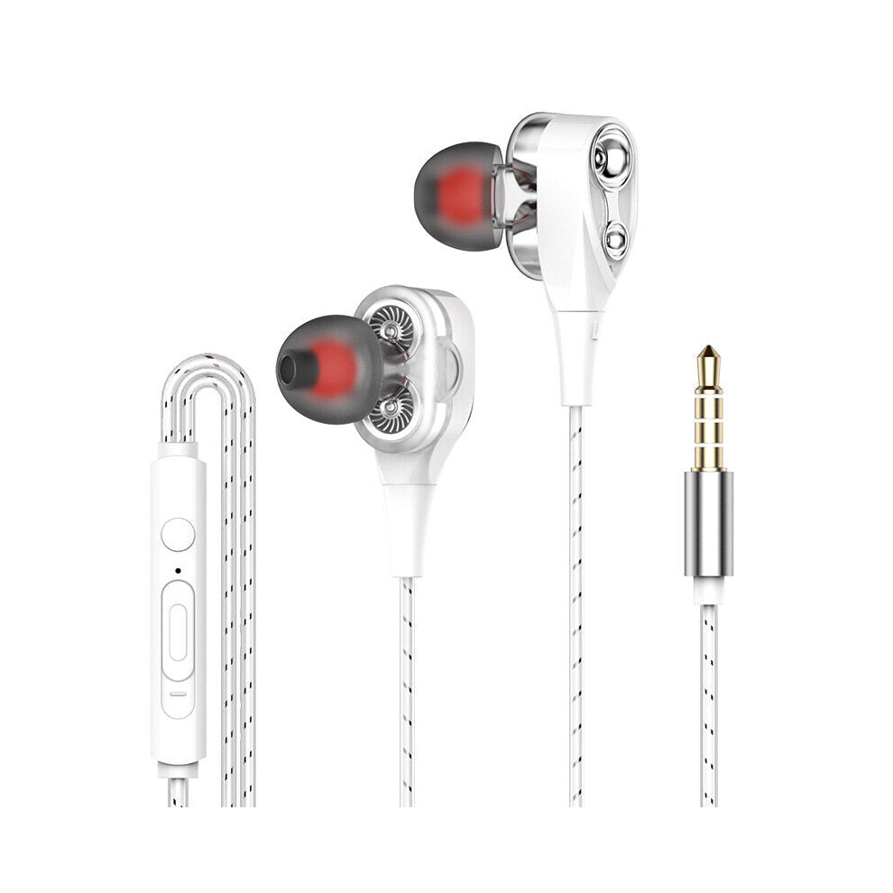 (White) Dual Dynamic Driver Stereo Wired Earphone In-ear Headset Bass Gaming Earbuds for iPhone huawei