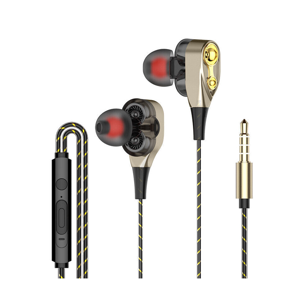 (Gold) Dual Dynamic Driver Stereo Wired Earphone In-ear Headset Bass Gaming Earbuds for iPhone huawei