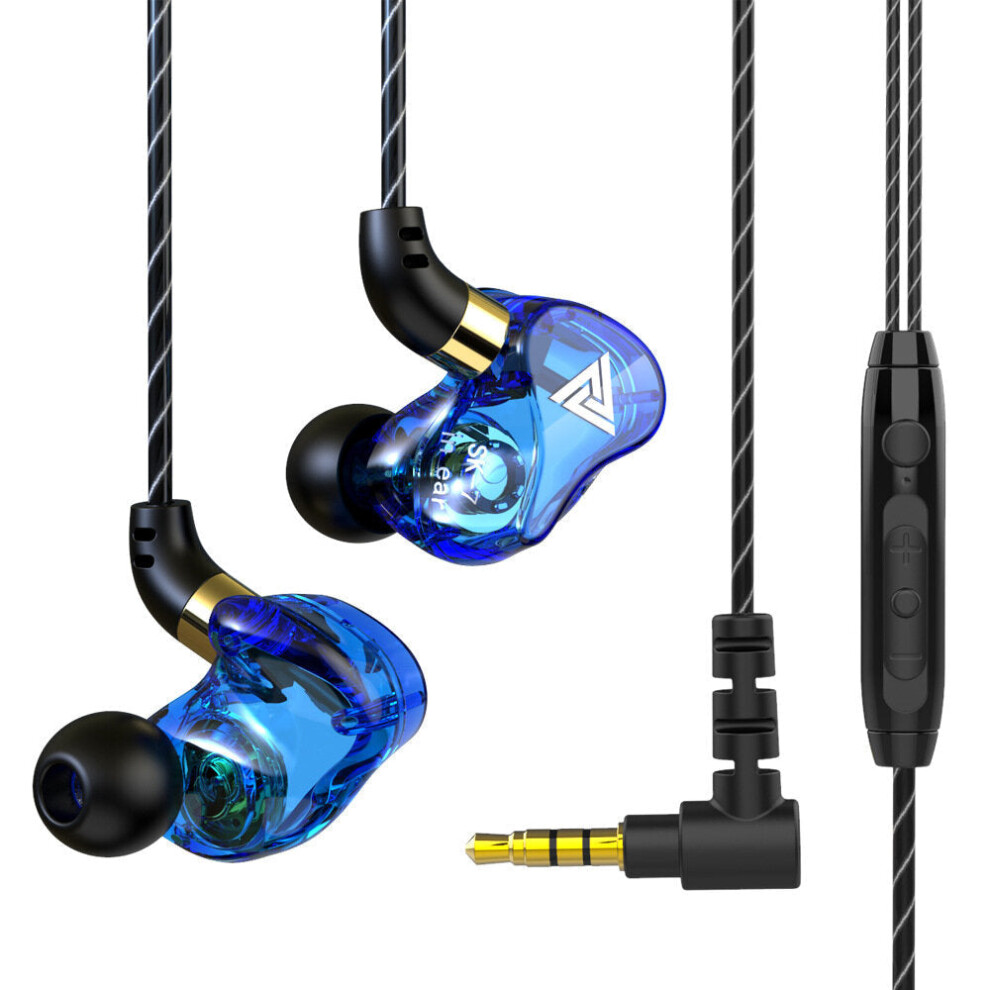 (Blue) Earphones Dual Driver Sport HD Earbuds 3.5mm Headset with Microphone Music 3.5mm Plug in-ear Earphones