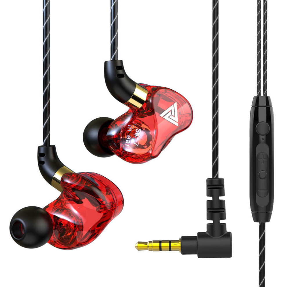 (Red) Earphones Dual Driver Sport HD Earbuds 3.5mm Headset with Microphone Music 3.5mm Plug in-ear Earphones