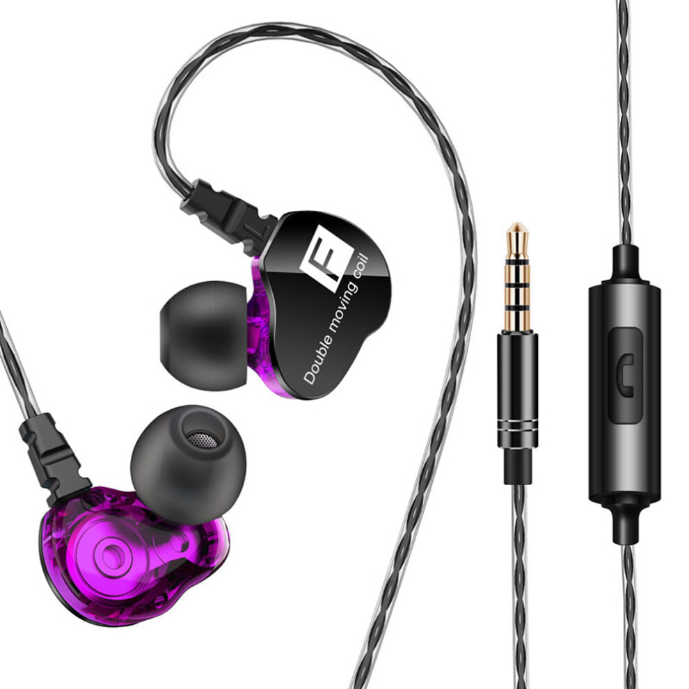 (Purple) In-Ear 3.5mm Dual Moving Coil Earbuds Hi-Fi Earphone With Microphone