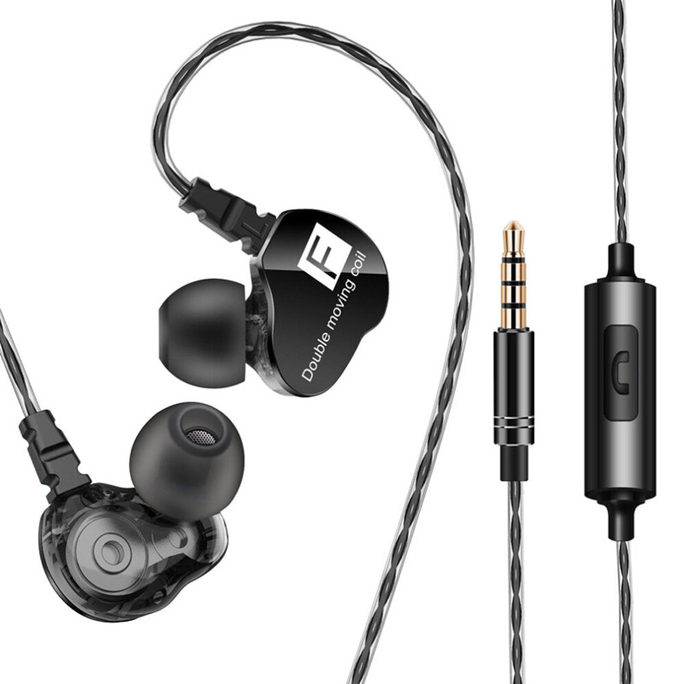 (Black) In-Ear 3.5mm Dual Moving Coil Earbuds Hi-Fi Earphone With Microphone