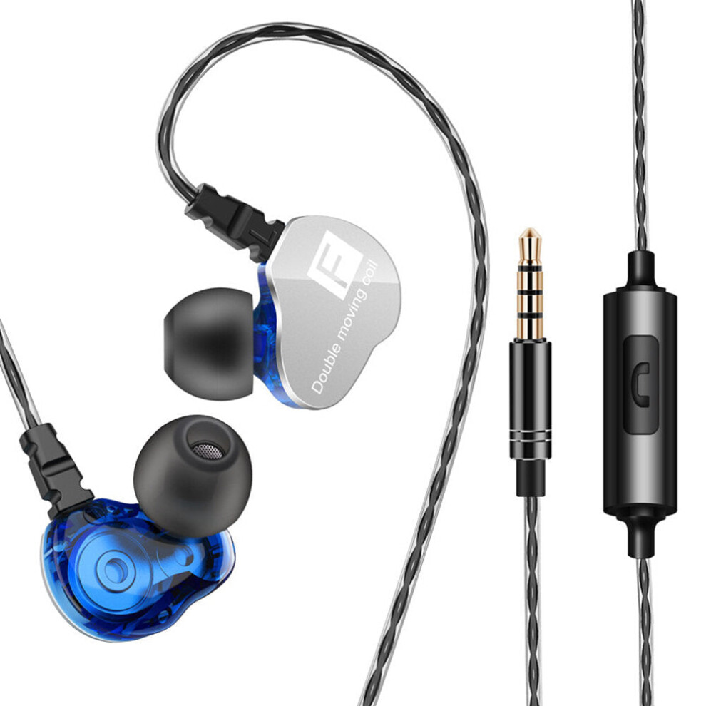 (Blue) In-Ear 3.5mm Dual Moving Coil Earbuds Hi-Fi Earphone With Microphone