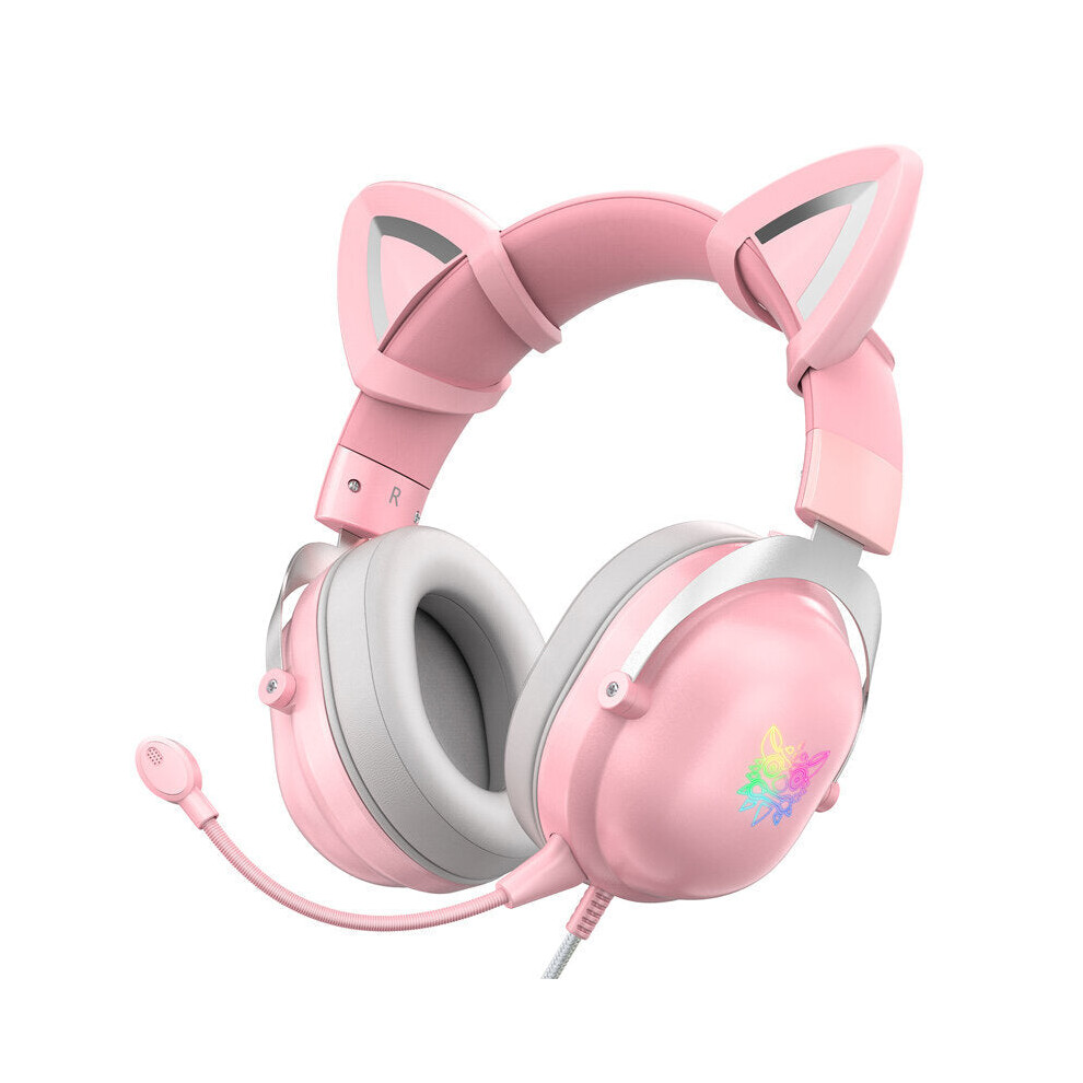 (Pink) Wired Headset Stereo Gaming Headphone Cat Ear Cute RGB Luminous 3.5mm Wired Adjustable Over-Ear Headphone with Mic